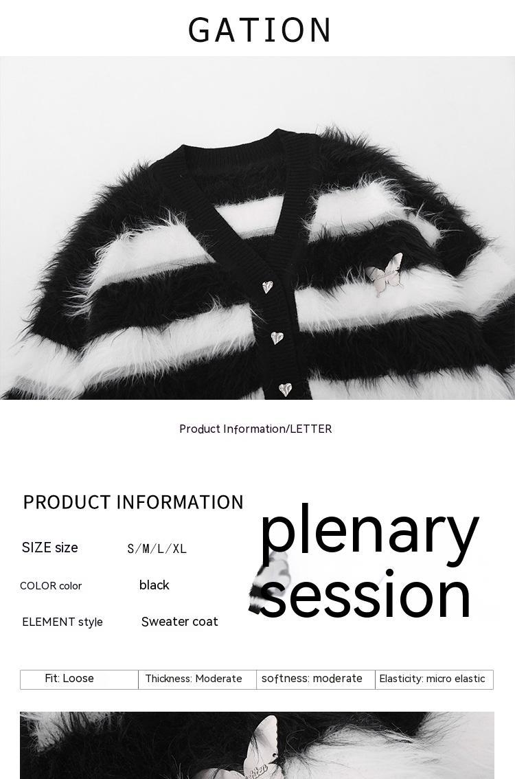 Black And White Striped Knitted Cardigan Jacket Casual Sweater - ANIBEY