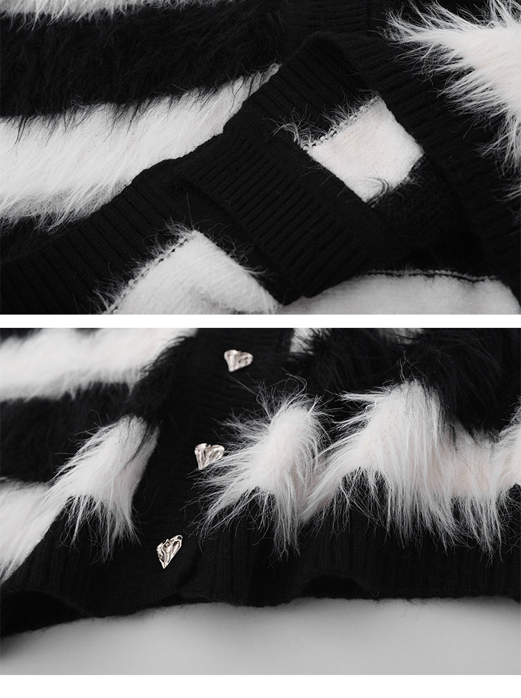 Black And White Striped Knitted Cardigan Jacket Casual Sweater - ANIBEY