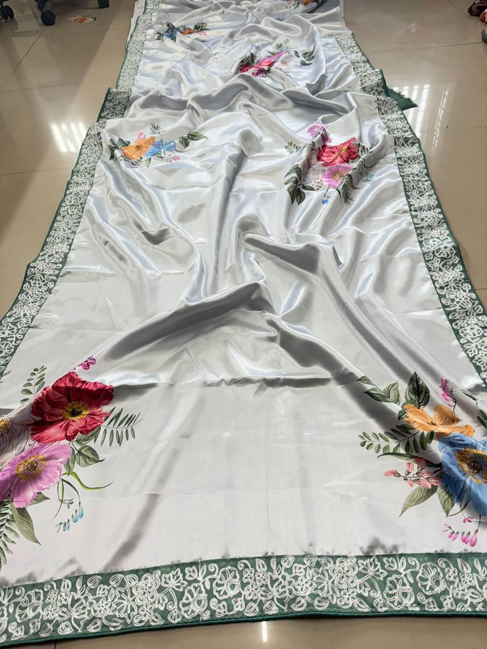 Madhuri Dixit Saree in Japan Satin With Digital Print and - ANIBEY
