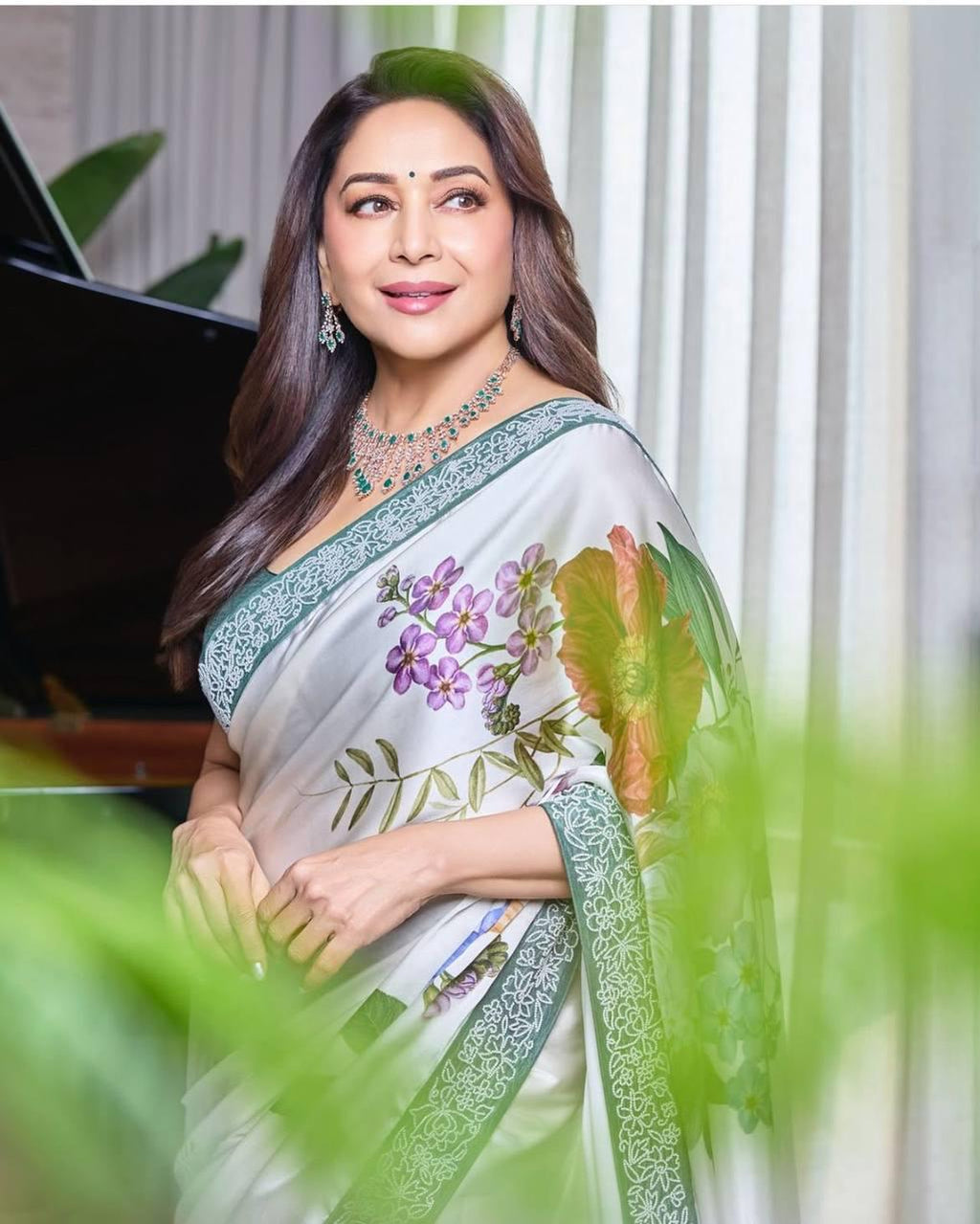 Madhuri Dixit Saree in Japan Satin With Digital Print and - ANIBEY