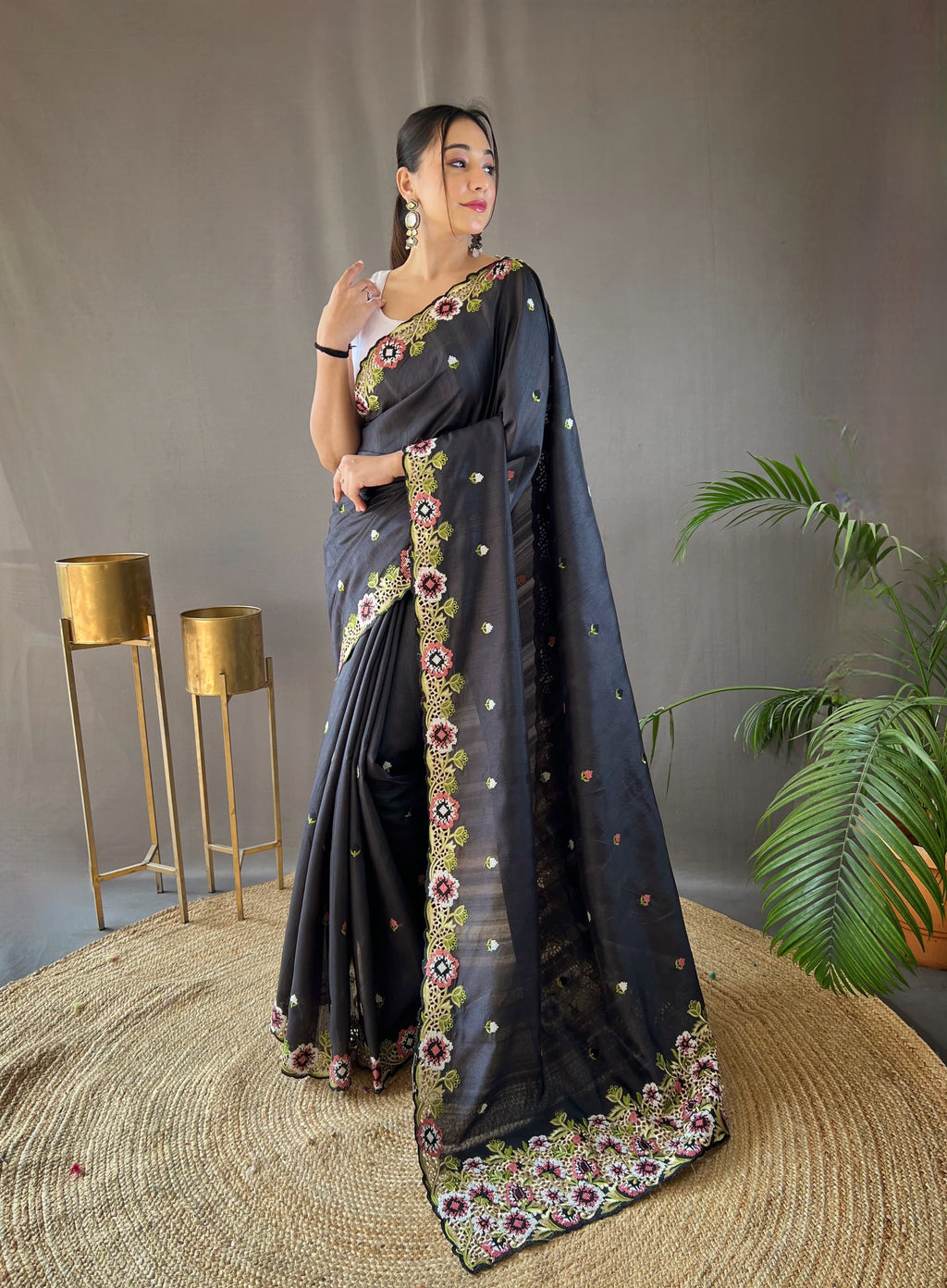 Sclout Women's Soft Silk Saree With Cut Boarder & Work Blouse Piece - ANIBEY