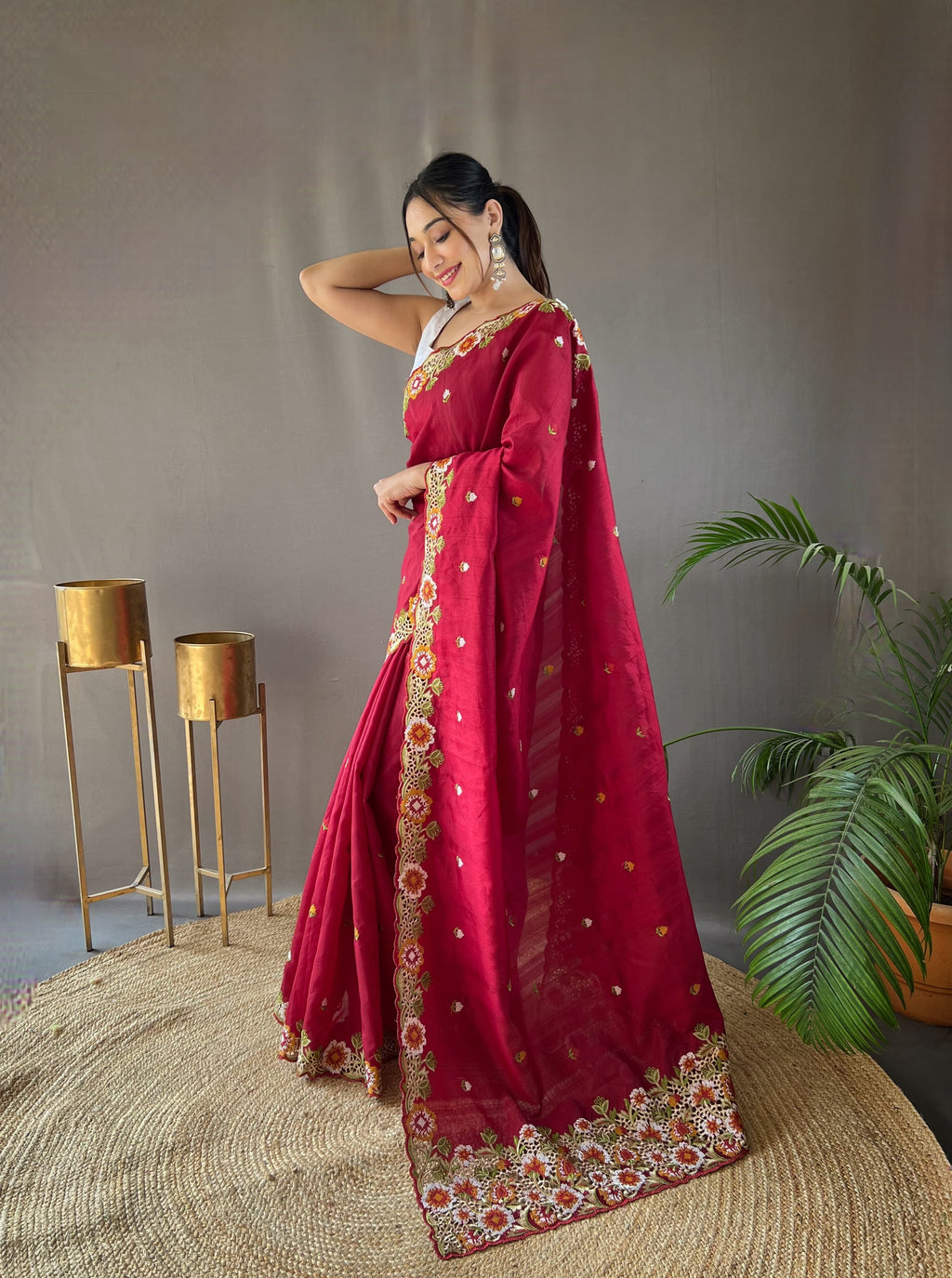Sclout Women's Soft Silk Saree With Cut Boarder & Work Blouse Piece - ANIBEY