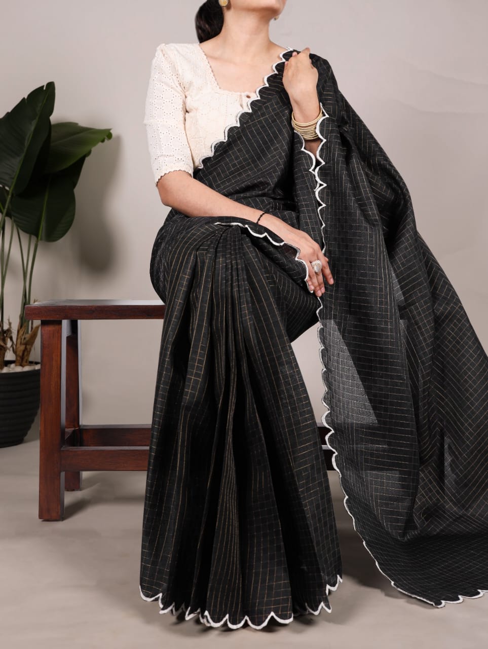 Aglow BLACk Color Gadwall Chex Arca Work Blouse(Stitched) - ANIBEY