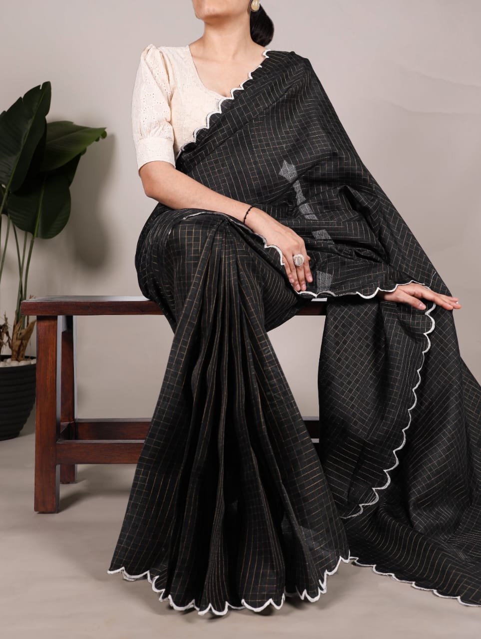Aglow BLACk Color Gadwall Chex Arca Work Blouse(Stitched) - ANIBEY