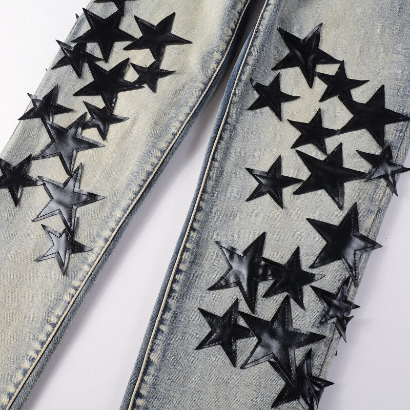 High Street Blue Five-pointed Star Stretch Slim Jeans - ANIBEY