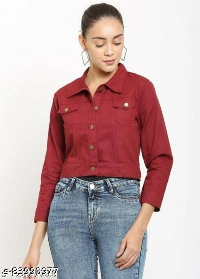 Denim Jacket for Women (Maroon, S) - ANIBEY