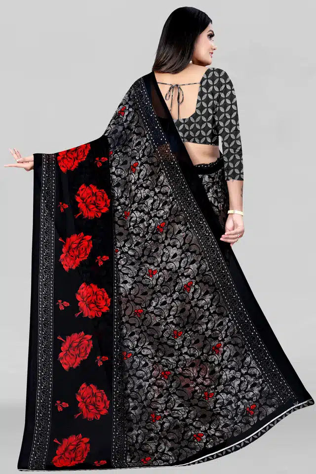 Printed Saree for Women (Black, 5.95 m) - ANIBEY