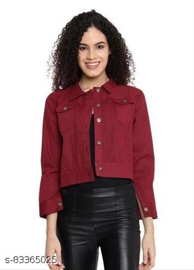 Denim Jacket for Women (Maroon, S) - ANIBEY