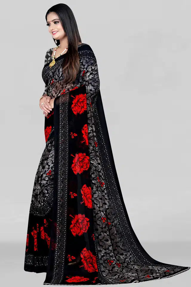 Printed Saree for Women (Black, 5.95 m) - ANIBEY