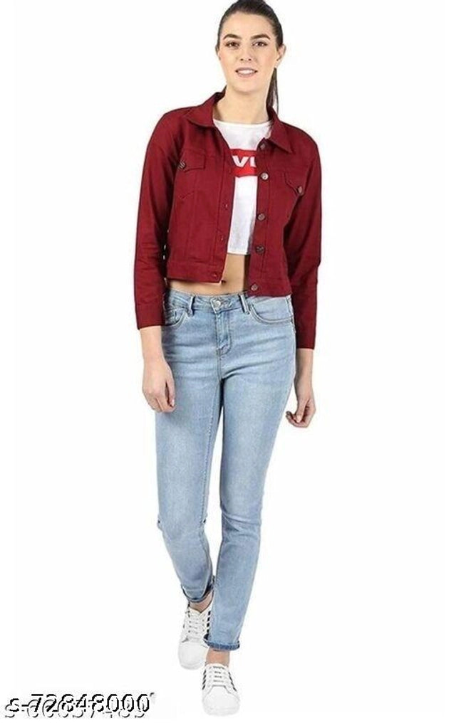 Denim Jacket for Women (Maroon, S) - ANIBEY
