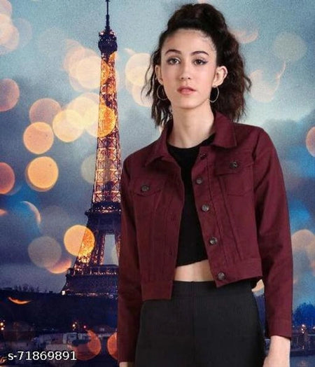 Denim Jacket for Women (Maroon, S) - ANIBEY