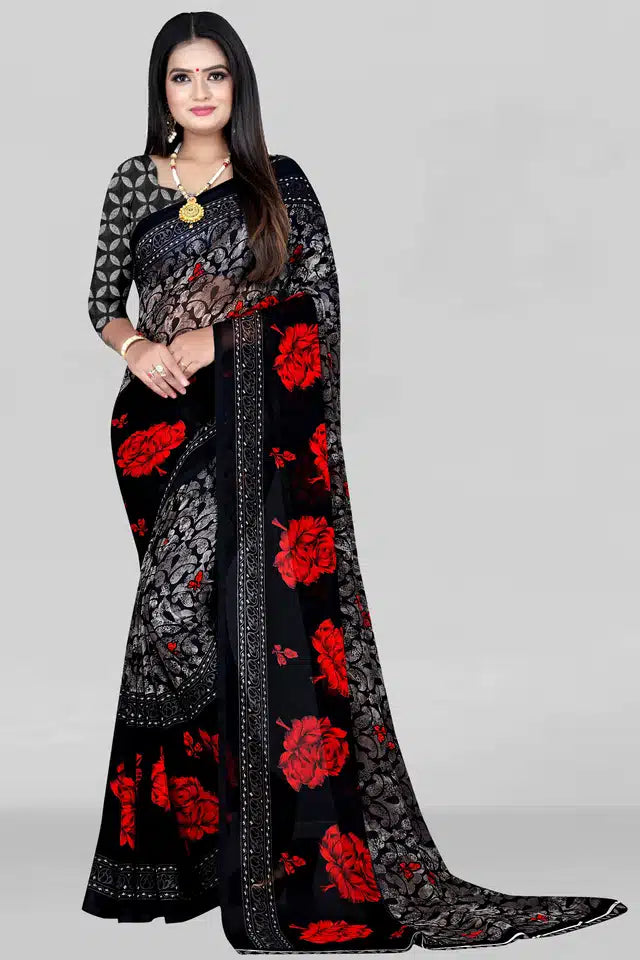 Printed Saree for Women (Black, 5.95 m) - ANIBEY