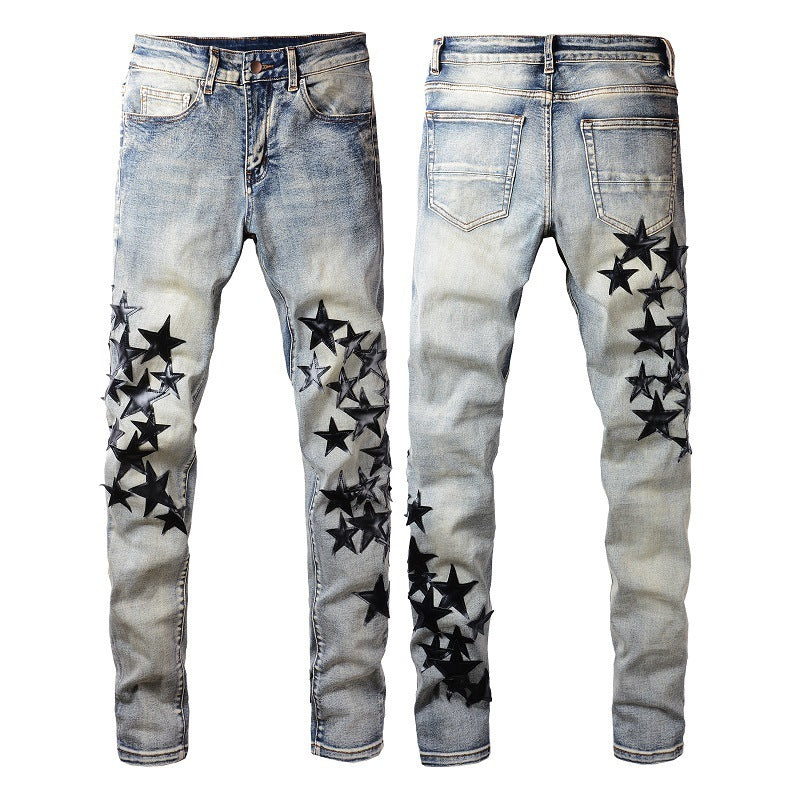High Street Blue Five-pointed Star Stretch Slim Jeans - ANIBEY
